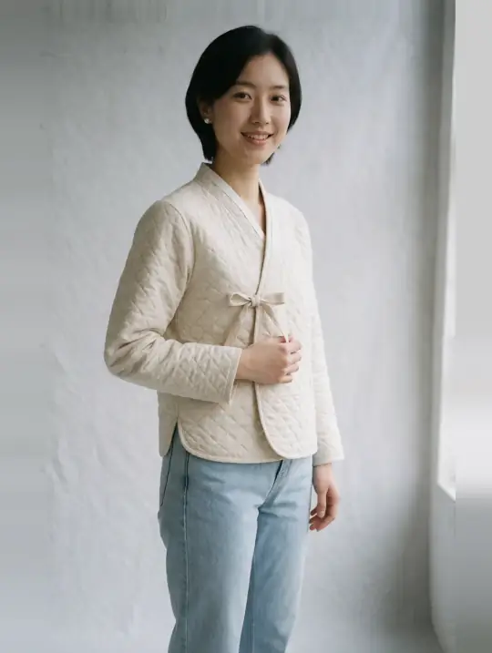 Jiwoo, an Aaina model, in the pose Quilted jeogori jacket, head to knee