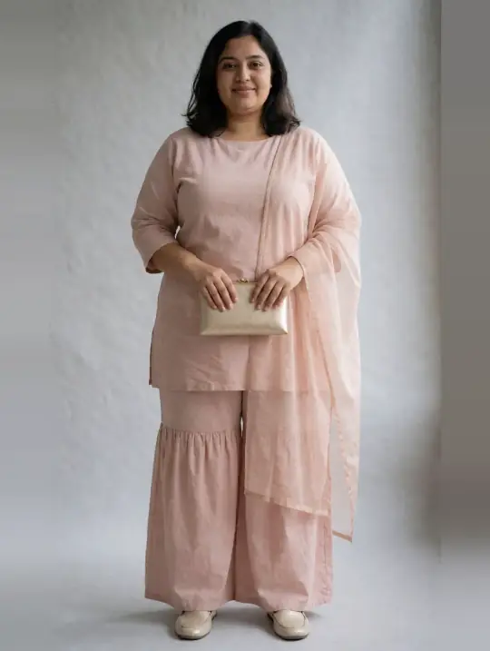 Kavya, an Aaina model, in the pose Sharara set, front with clutch