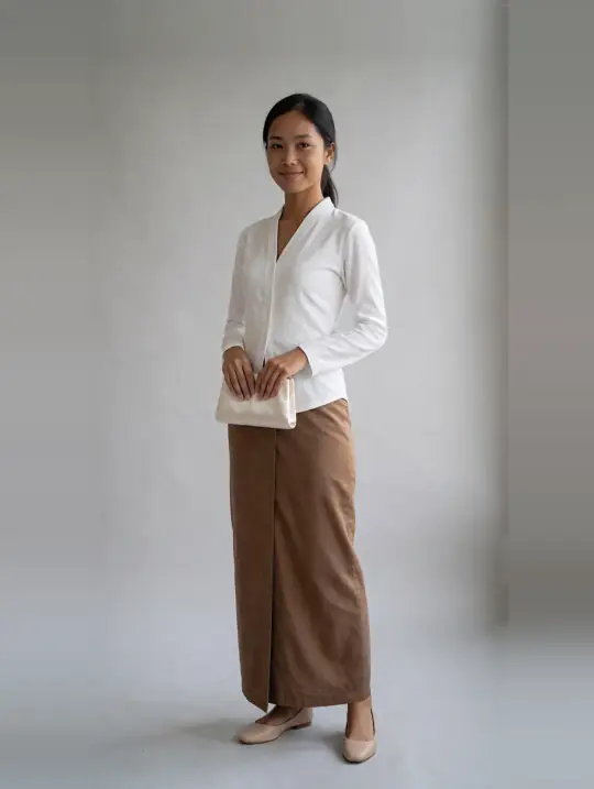 Maya, an Aaina model, in the pose White kebaya and brown sarong skirt, front