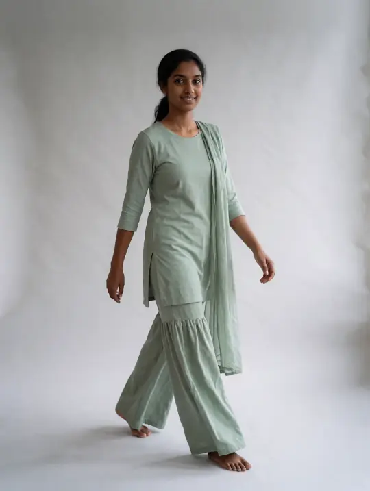 Meera, an Aaina model, in the pose Sharara set, walking