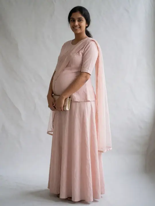 Nisha, an Aaina model, in the pose Pastel-pink maternity lehenga, angled with clutch