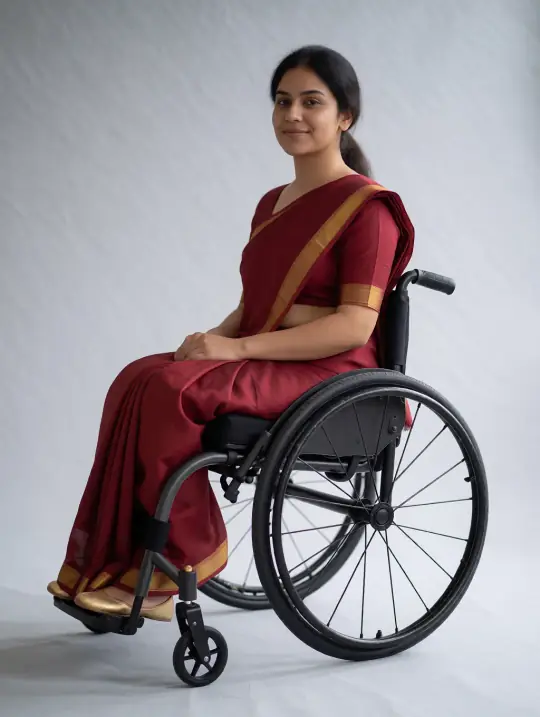 Riya, an Aaina model, in the pose Maroon pre-draped saree, three-quarter front facing camera-right