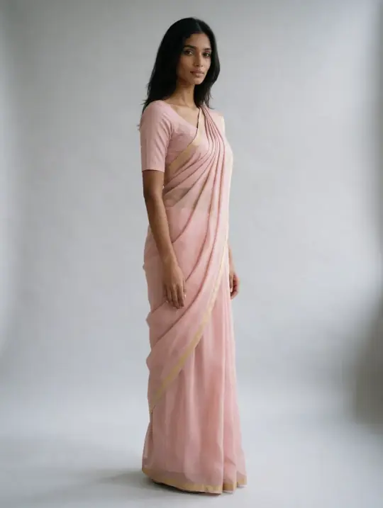 Tara, an Aaina model, in the pose Saree, one knee forward, blush
