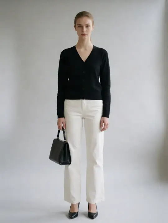 Camille, an Aaina model, in the pose Black cardigan worn as a top, wide-leg