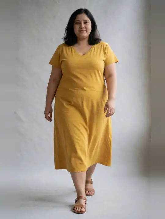 Kavya, an Aaina model, in the pose Mustard empire midi, walking