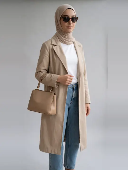 Layla, an Aaina model, in the pose Sunglasses and trench, three-quarter
