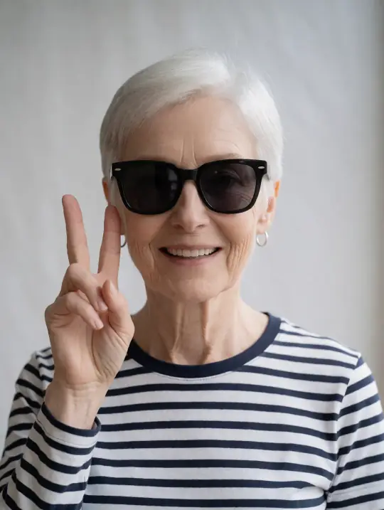 Margaret, an Aaina model, in the pose Peace sign with a laugh, waist-up