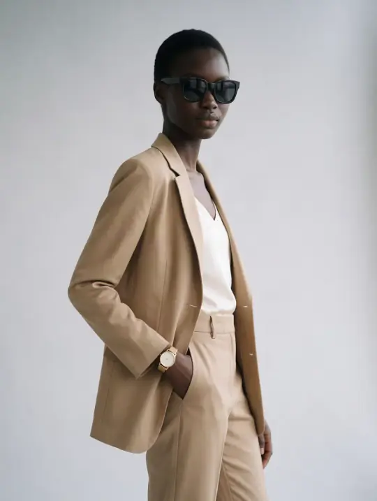 Nia, an Aaina model, in the pose Camel trouser suit, hand in pocket, three-quarter
