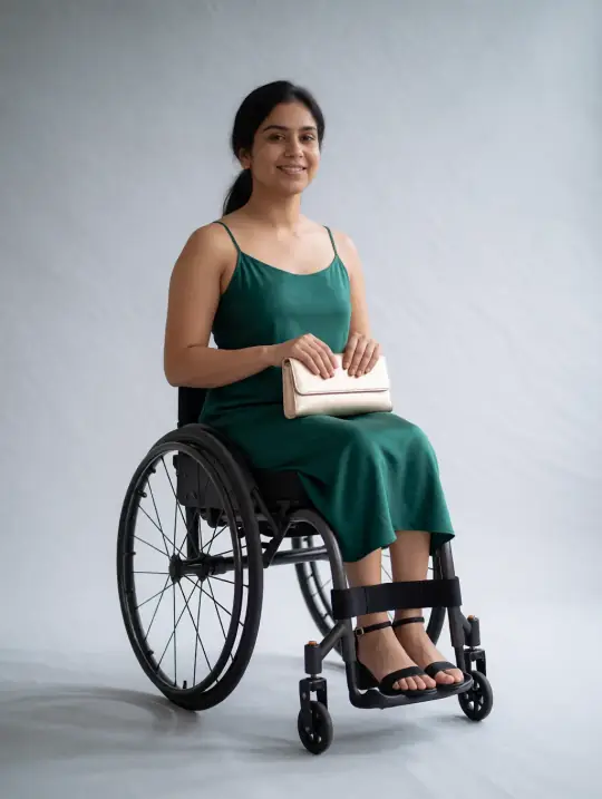Riya, an Aaina model, in the pose Emerald slip dress, front with clutch