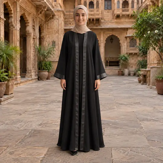 Layla, who wears a hijab, in an abaya in a haveli courtyard