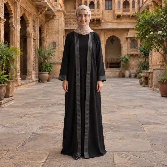 After: Layla, an Aaina model, wearing the abaya in the Haveli Courtyard scene