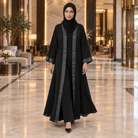 Made in Aaina: Mariam in a black open abaya with satin trim, walking through a hotel lobby
