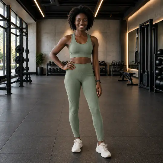Adaeze, an Aaina model, wearing the activewear set in the Modern Gym scene