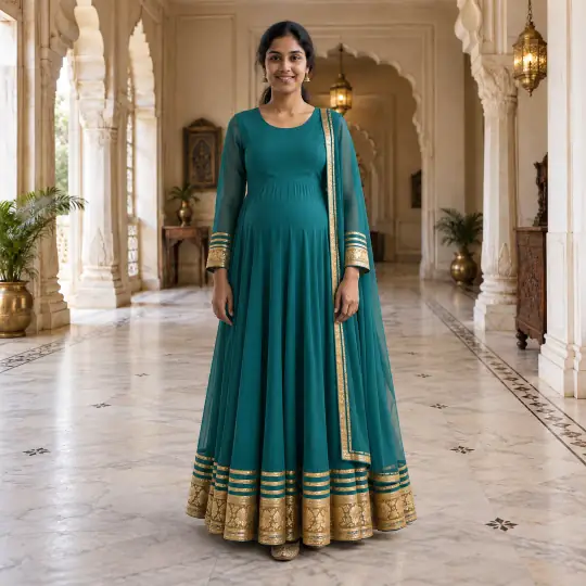 Nisha, an Aaina model, wearing or holding the kurti in the Palace Hall scene