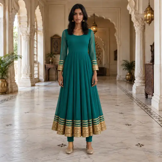 Tara, an Aaina model, wearing or holding the kurti in the Palace Hall scene