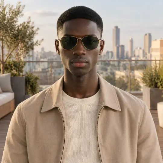 Malik, an Aaina model, with men's sunglasses in the Golden Hour Rooftop scene