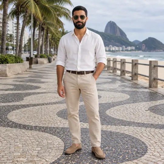 Omar, an Aaina model, wearing or holding the sunglasses in the Rio Beach Promenade scene