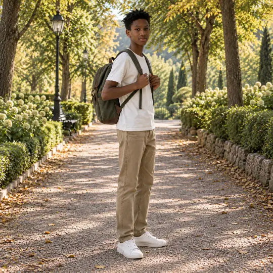 Amani, an Aaina model, with men's bags in the Park Path scene