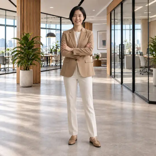 Jiwoo, an Aaina model, wearing the blazer in the Modern Office scene