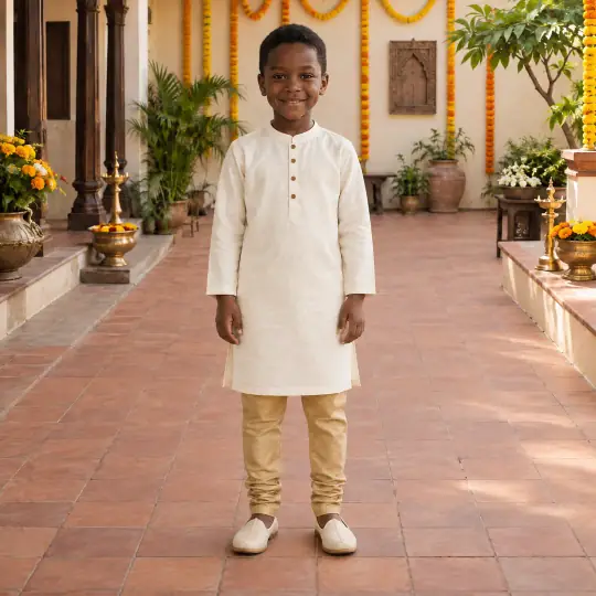 Jayden, an Aaina model, wearing or holding the kids' outfit in the Marigold Festive Set scene