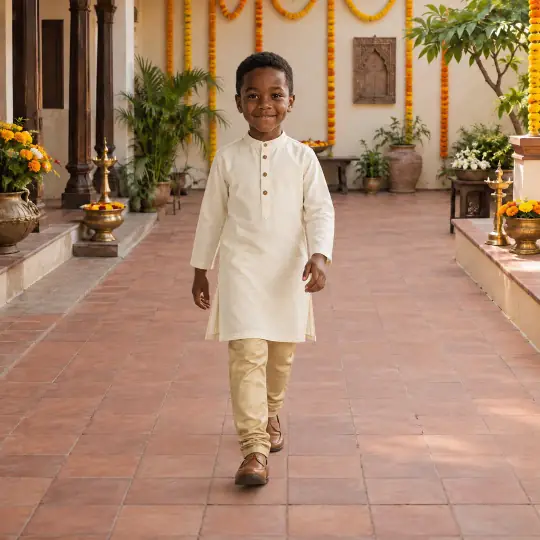 Jayden, an Aaina model, wearing or holding the kurta set in the Marigold Festive Set scene