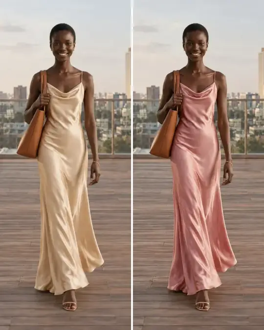 Other colours: the same photo of Nia, champagne dress on the left and the blush pink version on the right
