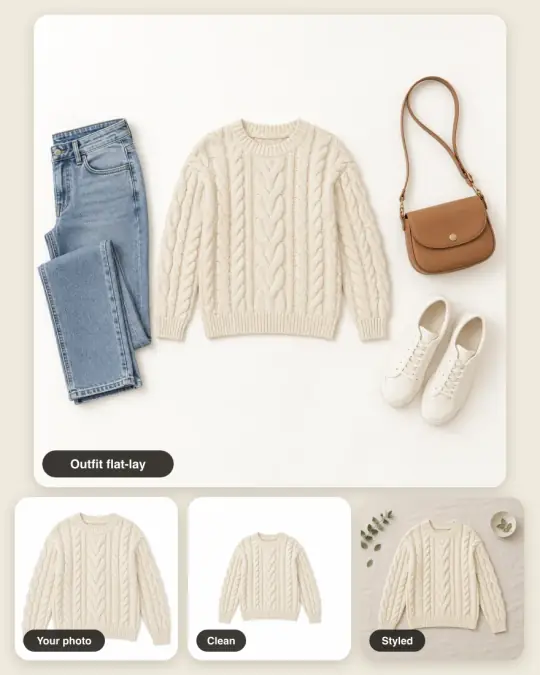 Flat-lay: the sweater product photo with its clean, styled and outfit flat-lays