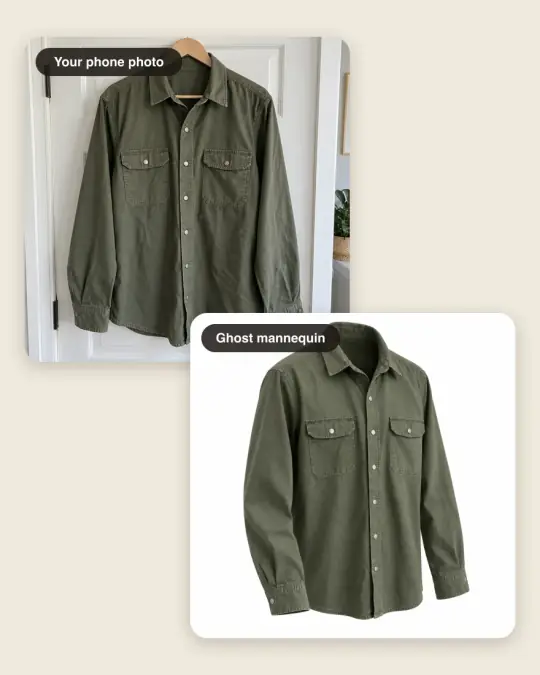 Ghost mannequin: a product photo of a shirt on a door hanger, above the ghost mannequin result in a three-quarter view
