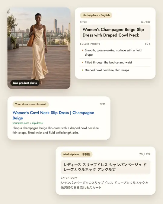 Listing writer: from one product photo, a marketplace listing in English, a store search result and a listing in Japanese