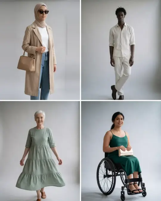 Four of the Aaina studio models: Layla in a hijab, Kwame, Margaret with silver hair and Riya in her wheelchair
