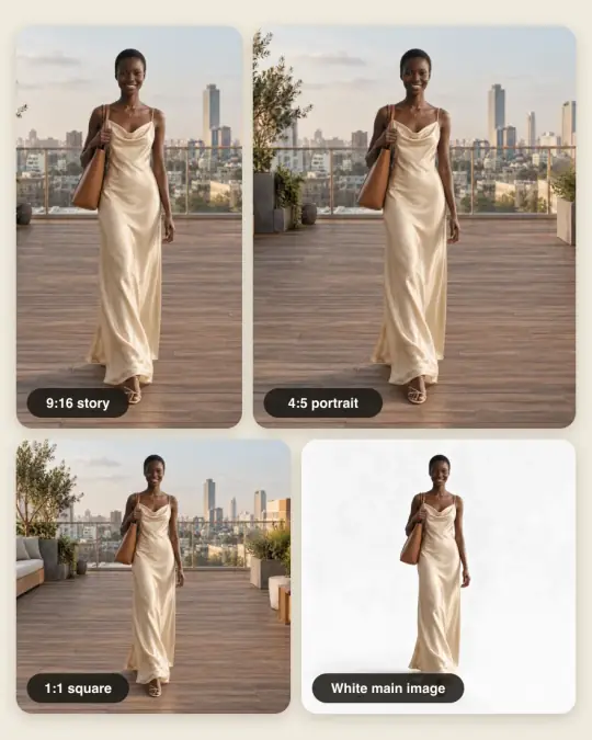 Marketplace downloads: one photo of Camille cropped to 1:1, 4:5 and 9:16