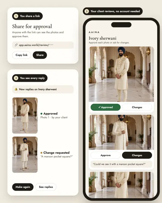 Share for approval in three steps: you share a link, your client approves or asks for changes on their phone, and you see every reply