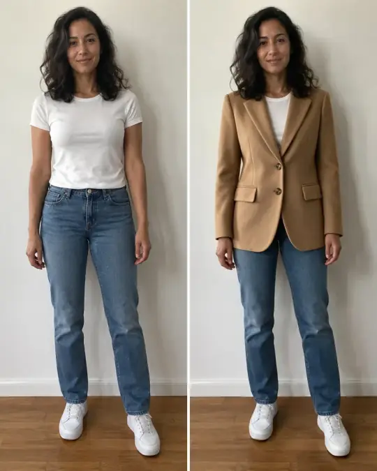 Try on me: a woman's own photo on the left and her wearing the camel blazer on the right