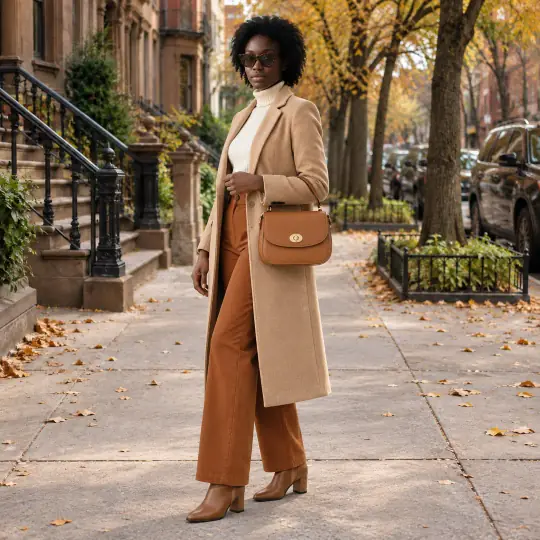 Adaeze, an Aaina model, in the handbags example, Brownstone Street scene