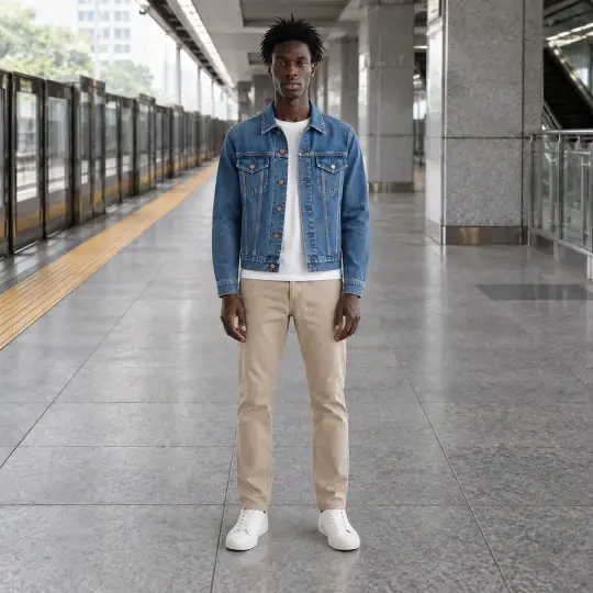 Kwame, an Aaina model, wearing the denim jacket in the Metro Platform scene