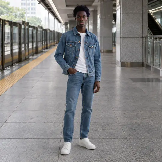 Kwame, an Aaina model, wearing the denim jacket in the Metro Platform scene