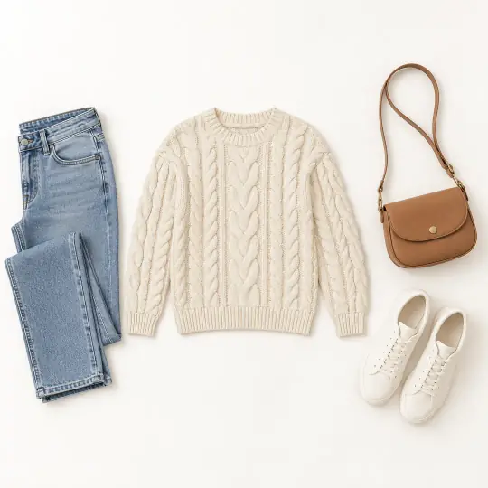 Outfit flat-lay of the cable-knit sweater, made in Aaina