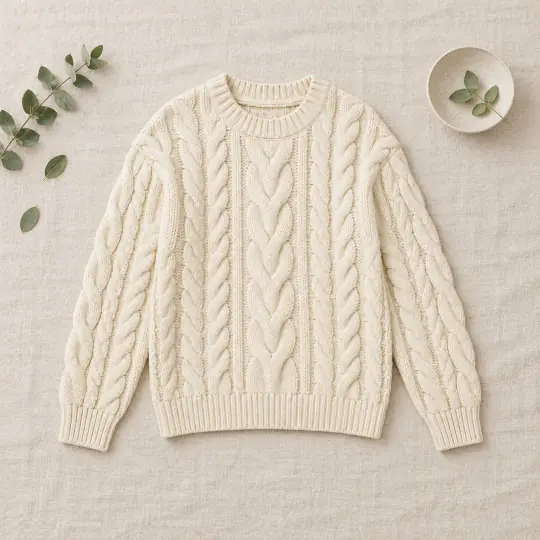 Styled flat-lay made in Aaina: a cream cable-knit sweater on linen with eucalyptus