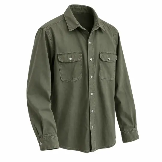 Ghost mannequin photo made in Aaina: an olive overshirt alone in its worn 3D shape, three-quarter view, on white