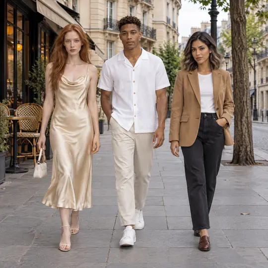 Made in Aaina: Scarlett, Tunde and Alejandra walking together on a Paris café street