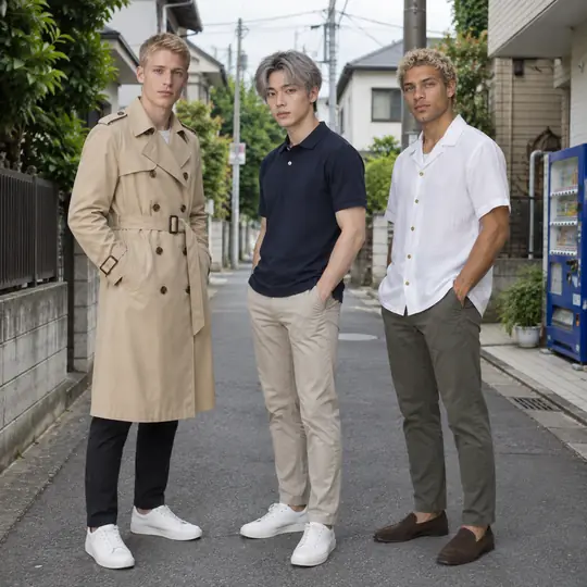 Made in Aaina: Mikkel in a beige trench coat, Ji-ho in a navy polo and Thiago in a white linen shirt on a quiet Tokyo side street
