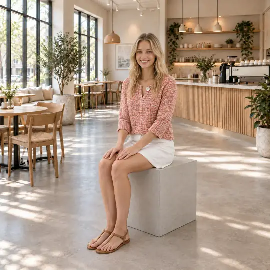 The result: Chloe wearing the same knit top in a cafe