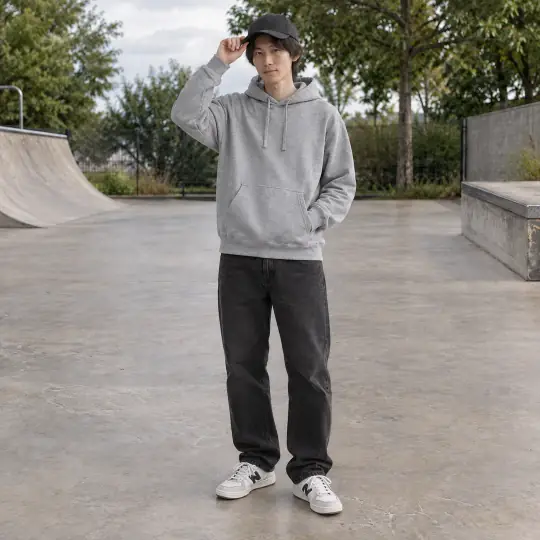 Kenji, an Aaina model, wearing the hoodie in the Skate Park scene