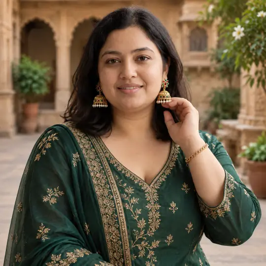 Kavya, an Aaina model, wearing or holding the earrings in the Haveli Courtyard scene