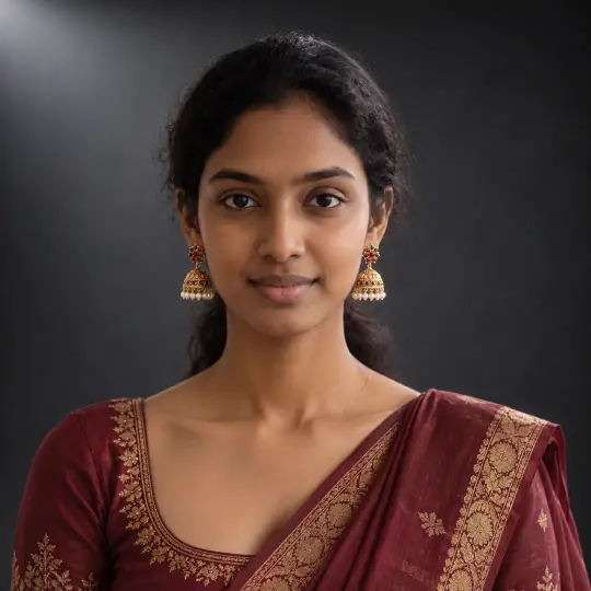 Meera, an Aaina model, in the earrings example, Charcoal Premium Studio scene