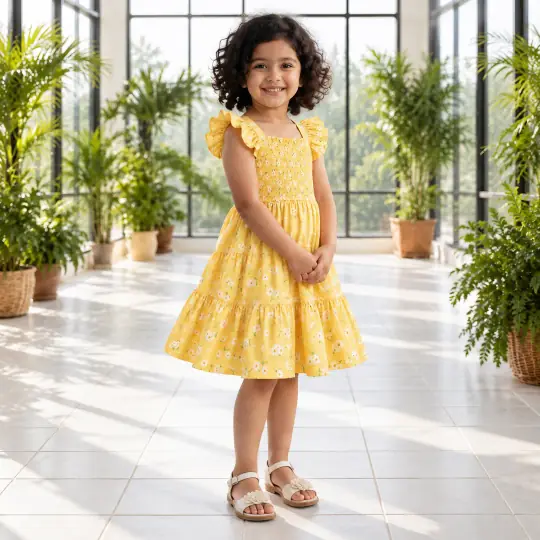 Pari, an Aaina model, wearing the kids' sundress in the Indoor Garden Conservatory scene