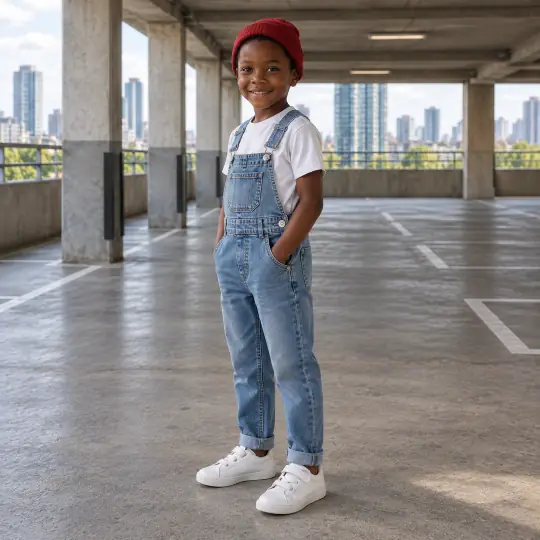 Jayden, an Aaina model, wearing the kids' dungarees in the Concrete Parking Deck scene