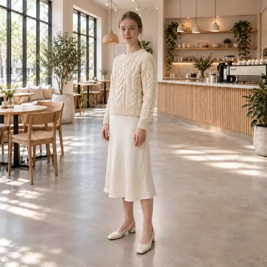 Freya, an Aaina model, wearing or holding the top or shirt in the Minimal Cafe scene