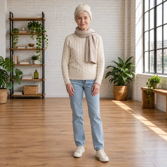 Margaret, an Aaina model, wearing the cable-knit sweater in the White Brick Loft scene