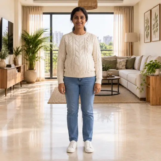 Nisha, an Aaina model, wearing or holding the top or shirt in the Modern Living Room scene